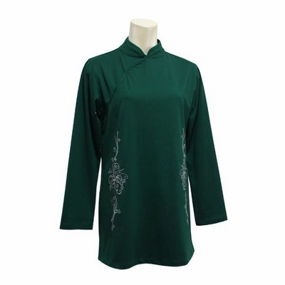 花刺繍ロング丈チャイナＴシャツ ／ チャイナ風　アオザイ風　マオカラー　長袖T　コットンＴ 花刺繍ロング丈チャイナTシャツ ／ チャイナ風 アオザイ風