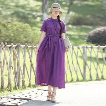 夏裝新款文藝范棉麻連衣裙短袖大碼女裝寬松長裙配腰帶顯瘦1入