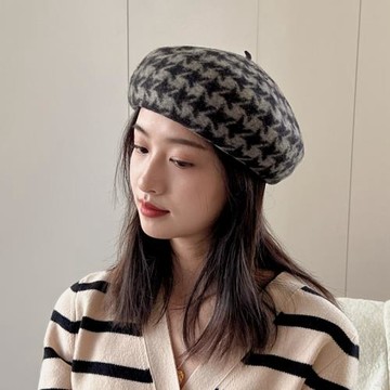 千鳥格女士優雅貝雷帽羊毛呢黑白小香風秋冬蓓蕾帽名媛法式保暖