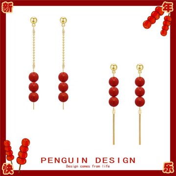原創冰糖葫蘆耳釘紅色新年過年喜慶中國風古風耳環耳夾耳飾耳墜女