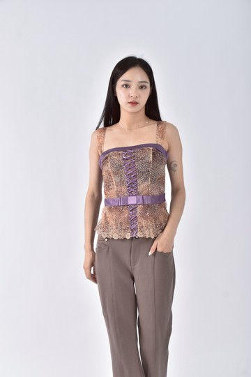 (XS（含）以下) 無袖綁帶杏色上衣