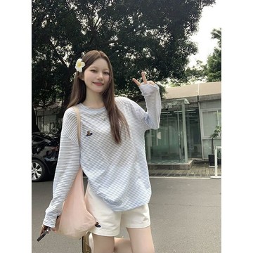 夏季必備🌞 小清新條紋長袖防曬T恤女裝夏天新款刺繡寬鬆中長款薄款罩衫上衣