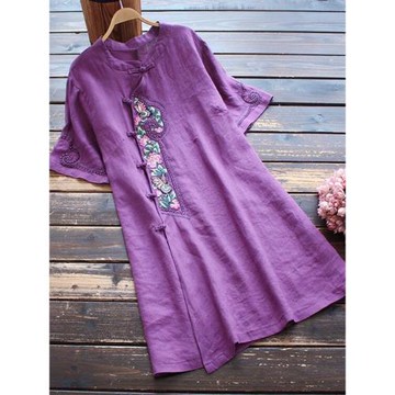 2025新款民族風寬松立領盤扣棉麻女裝上衣T恤女重工刺繡連衣裙夏