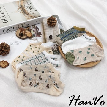 【HanVo】小清新森林系短襪 韓系簡約百搭舒適棉質襪 韓國潮流時尚休閒襪 女生配件 A12-6102