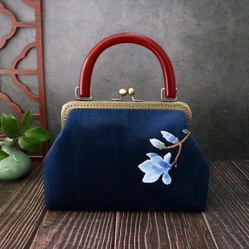 原創手工包刺繡玉蘭絲絨手提包中年女包復古木提手旗袍配包媽媽包