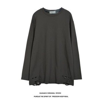 怪味z 潮牌街頭純色刀割破洞純棉打底衫男女嘻哈寬松百搭長袖T恤