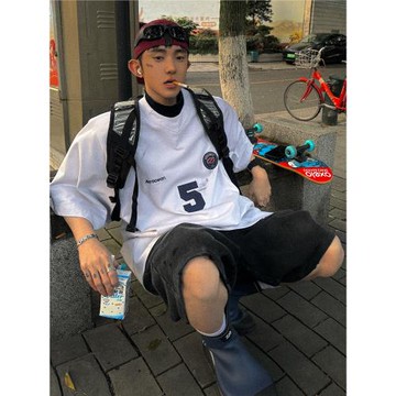 (免運)Aurocean 臟白色球服T恤 臟染做舊復古運動貼布繡短袖球衣