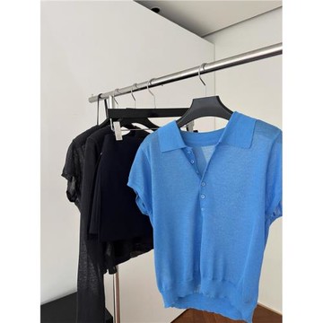 (免運)藍色松弛感polo領冰絲短袖t恤女夏季外穿微透輕薄寬松針織上衣潮