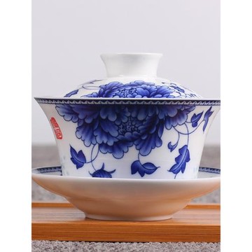 蓋碗大號青花瓷手繪三才杯八寶茶碗陶瓷功夫茶具敬茶杯白瓷釉下彩