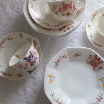 雜置社日式多邊高腳萌貓甜品碟盤子咖啡杯碟