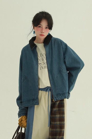 藍色 燈芯絨領子復古夾克 日系休閒中性款立領牛仔外套 M-2XL