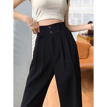 闊腿褲女春秋高腰垂感直筒休閑褲2025新款夏季黑色窄版西裝拖地褲