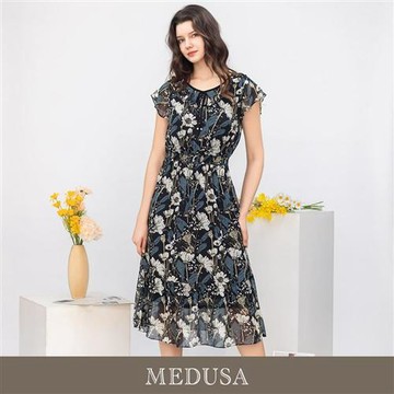 現貨【MEDUSA 曼度莎】夜色碎花荷葉雪紡洋裝（M-XL）｜雪紡洋裝 碎花洋裝 度假穿搭