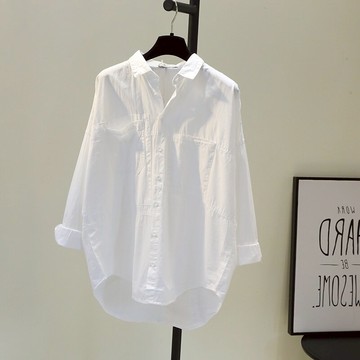 春秋雙口袋前短后長白色棉襯衫女