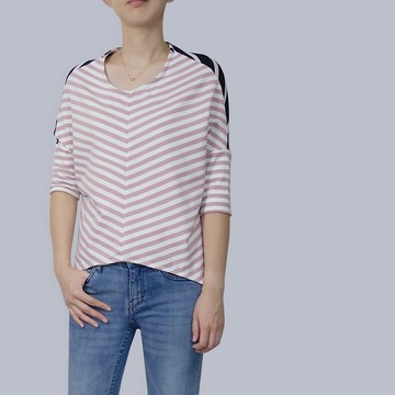 條紋拼接落肩長T-Shirt