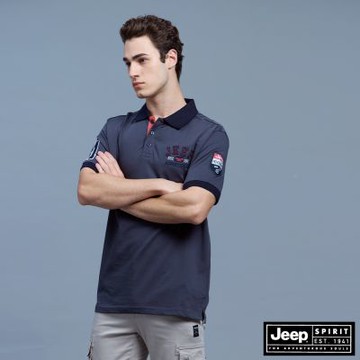 JEEP 男裝 跳色門襟貼布繡短袖POLO衫-藍色