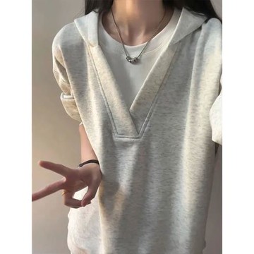 白花灰假兩件連帽衛衣男女款秋季設計感V領長袖t恤學院風情侶外套