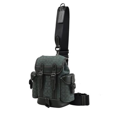 COACH CM374 HITCH 13 緹花織布LOGO皮飾迷你單肩後背/胸口包.深綠