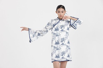 Yi-ming MADONNA真絲A-LINE 旗袍 - 白/海軍藍