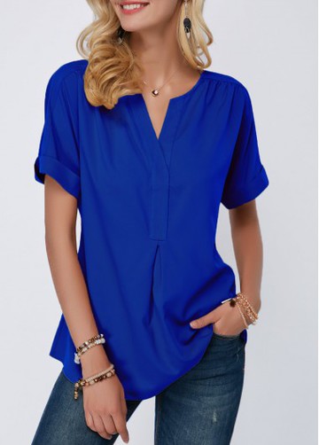 Short Sleeve Royal Blue Split Neck Blouse
