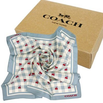 COACH 100%蠶絲絲巾領巾方巾圍巾禮盒(櫻桃/水藍)