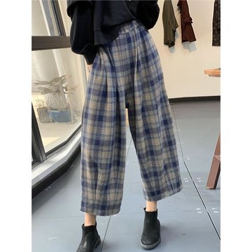 莫里秋季原創文藝復古日系格子休閑寬松大碼褶皺高腰百搭燈籠褲女