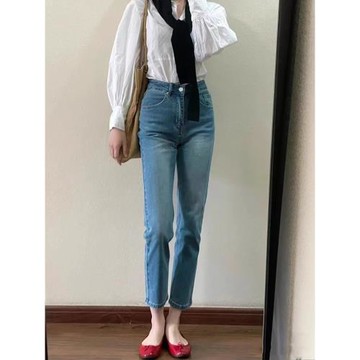 復古藍九分窄版直筒牛仔褲女2025年新款顯瘦小個子彈力小直筒煙管