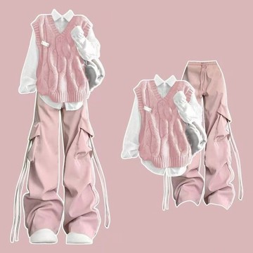 【砂糖夢境】2025秋冬多巴胺穿搭一整套韓系甜美粉色馬甲+襯衫兩件套裝