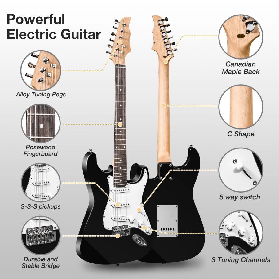 39 Inch Full Size Electric Guitar Kit with 15W Amp, String Guitar for Beginner Starter Set, Includes Picks, Shoulder Strap, Tuner, Bag Case, Right