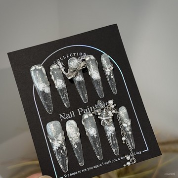 ➕最新設計款穿戴甲💅純手工穿戴甲高級感銀色貓眼長款美甲片重工輕奢華堆鑽假指甲貼片細狗長尖穿戴甲 ALJM