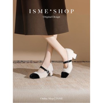 女高跟鞋毛毛鞋方頭保暖瑪麗珍冬季2024搭扣單鞋鞋春秋上班高級感