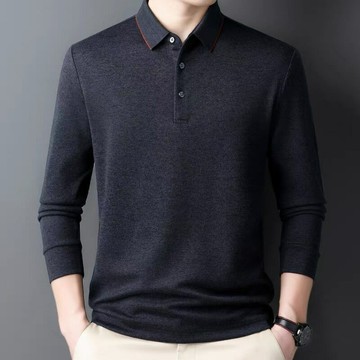 2025男裝針織衫長袖T恤男士2025秋冬新款中年翻領POLO衫純色上衣鑫弘-衣錦男裝