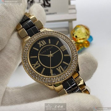 [星晴錶業]AnneKlein手錶,38mm,AN00553黑色錶面金色錶殼黑金精鋼錶帶款
