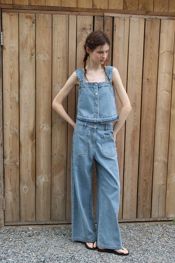 vintage藝術感 / 撞色牛仔背心 牛仔褲套裝