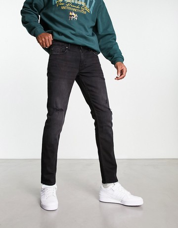 Only & Sons loom slim fit jeans with rips in black wash