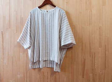 圓領連袖上衣/ 卡其白紋棉麻