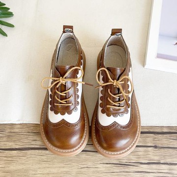 小皮鞋女英倫風單鞋2025春季新拼接布洛克圓頭系帶平跟馬丁鞋女鞋