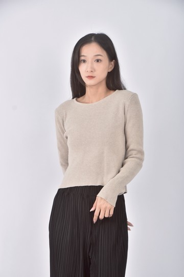 (S) 質感圓領杏色長袖上衣