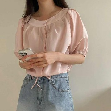 正韓女上衣 貝卡薄紗五分袖襯衫STP1131-創翊韓都