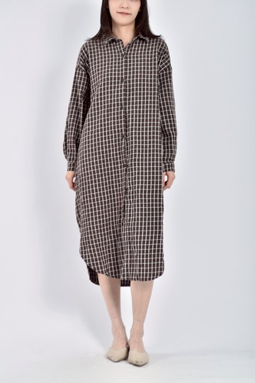 (XL) queenshop排扣格紋棕色洋裝