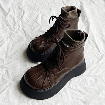 森系復古貝殼鞋2025年秋冬新款系帶英倫風馬丁靴女厚底增高大頭靴