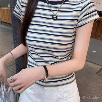 好看單穿條紋上衣 條紋修身短袖 短袖女 正肩短袖 t恤女 夏季短袖 顯瘦別緻上衣