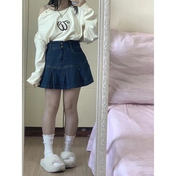 高腰百褶牛仔半身裙女夏季大碼胖mm遮肚顯瘦梨形身材復古a字短裙