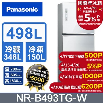 Panasonic國際牌 無邊框玻璃498公升雙門冰箱NR-B493TG-W(翡翠白)