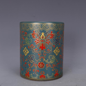 清雍正孔雀藍釉琺瑯彩花紋筆筒仿古瓷器家居文房中式擺件古董古玩1入