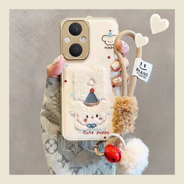 適用oppoa96手機殼女款可愛毛絨帶掛繩防摔0pp0a96全包鏡頭新款a72的保護套硅膠網紅秋冬高級感彩色刺繡小狗