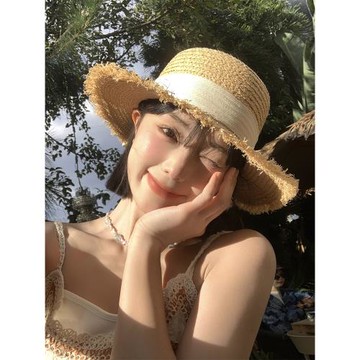 蝴蝶結系帶拉菲草草帽女夏大帽檐海邊沙灘度假遮陽帽防曬太陽帽子