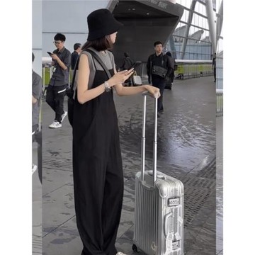 (免運)歐貨赫本風黑色休閑通勤背帶褲2026年夏季寬松輕熟風減齡闊腿褲女