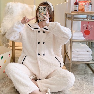 網紅睡衣女秋冬米粒絨可愛甜美加厚珊瑚絨大碼氣質休閑家居服套裝