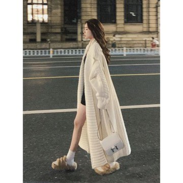 寬松針織外套女秋冬氣質大翻領慵懶休閑中長款毛衣開衫浴袍大衣